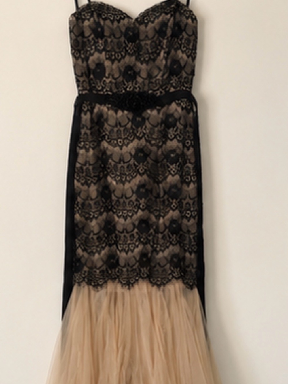 Strapless Black Lace Overlay Dress with Beige Tulle Skirt